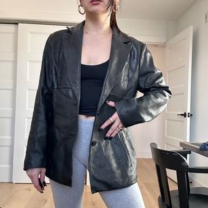90s VINTAGE Black Leather Stitched Detail Oversized Blazer Jacket Wilson Leather